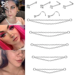 ZS 5-13 unids/lote, conjunto de cadena de doble nariz de Color dorado, Piercing de narina de acero inoxidable para mujer y niña, joyería para Piercing de nariz de cristal CZ