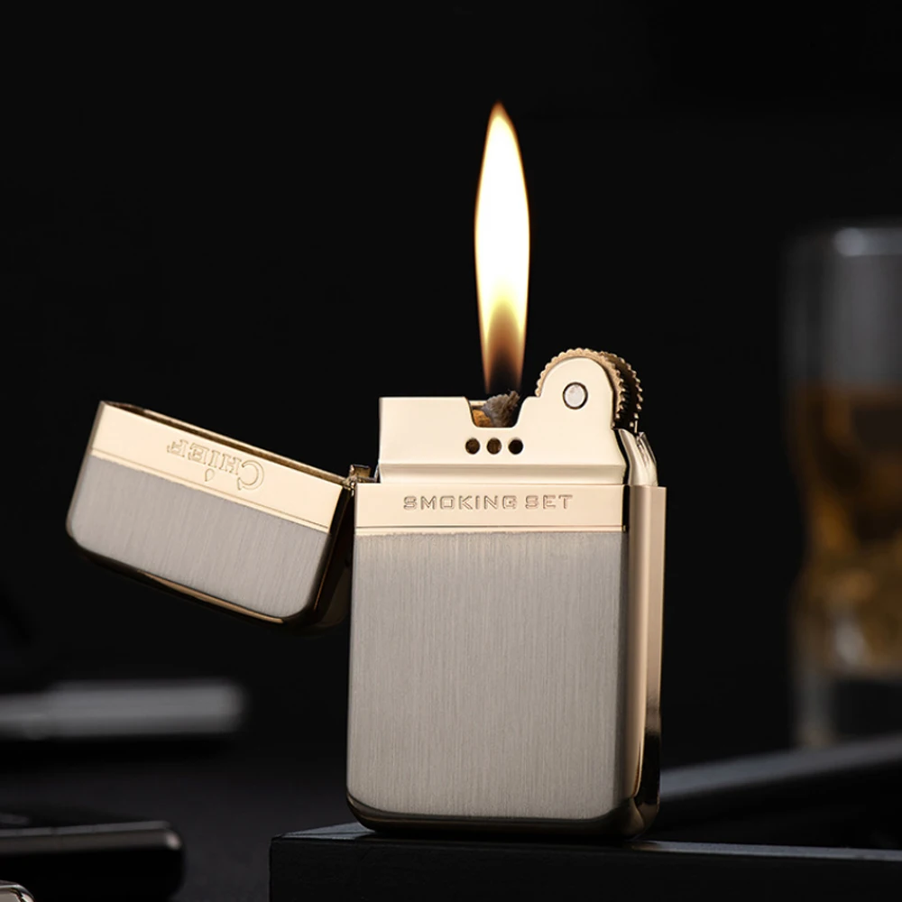 Portable Full Copper Kerosene Lighter Ultrathin Gasoline Lighter Grinding Petrol Wheel Cigarette Lighter Outdoor Tool Men's Gift