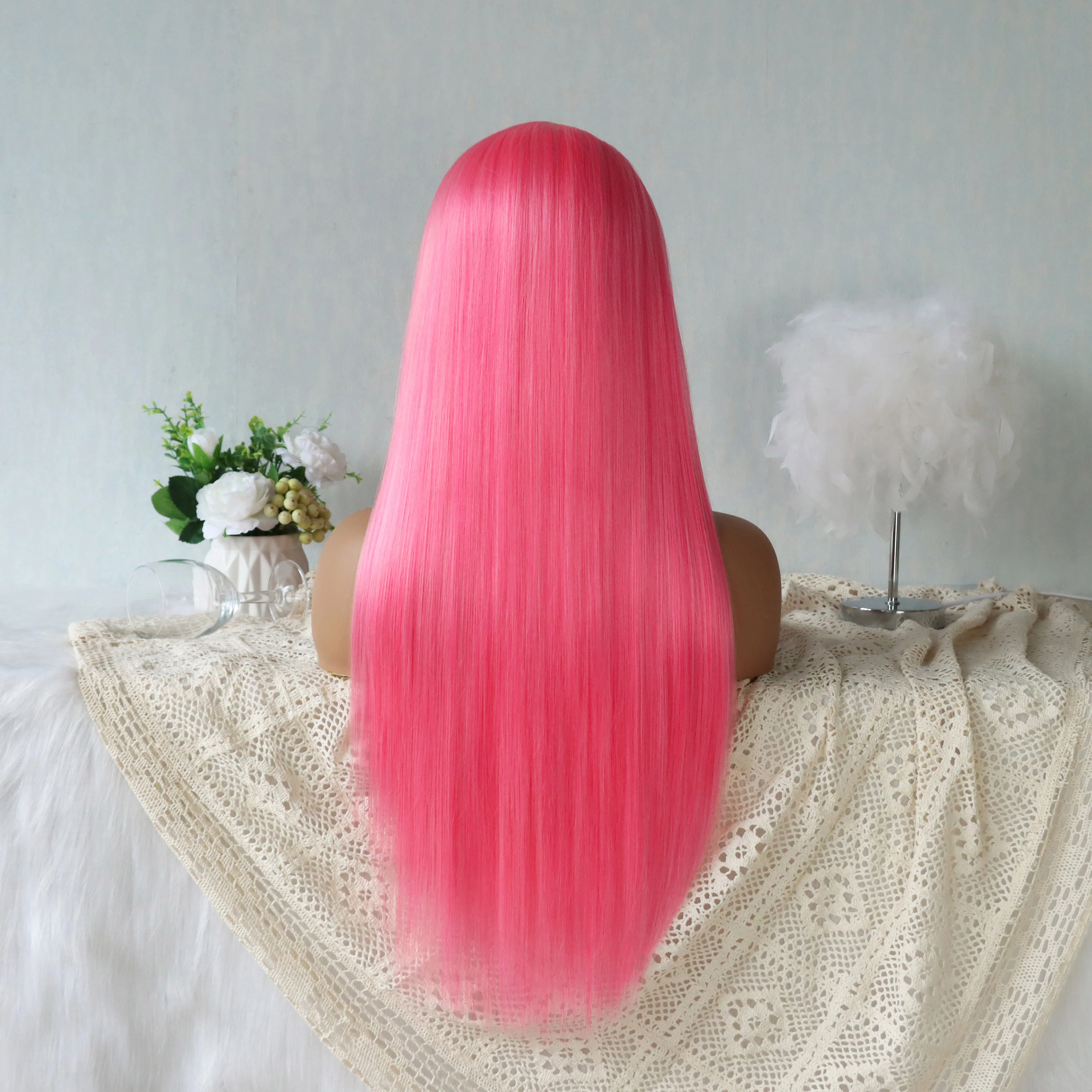 Pink Synthetic Hair Wigs Natural Red Pink Mixed Long Straight Hair Heat Resistant Synthetic Lace Wigs for Fashion Women