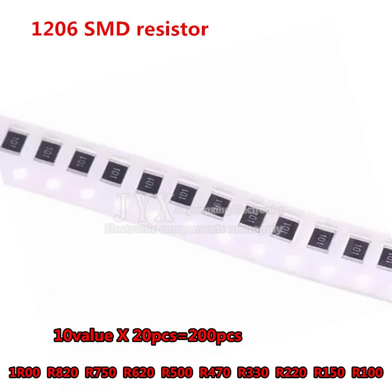 200 Uds 1% SMD 1206 kit surtido de resistencias de valor 10X20 piezas Uds = 200 Uds 1R00 R820 R750 R620 R500 R470 R330 R220 R150 R100