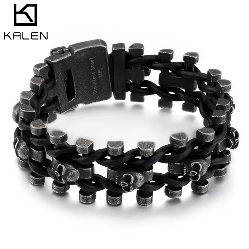 Kalen Punk Link Chain Stainless Steel Boiled Black Skeleton Leather Woven Men's Bracelet Jewelry Accessories