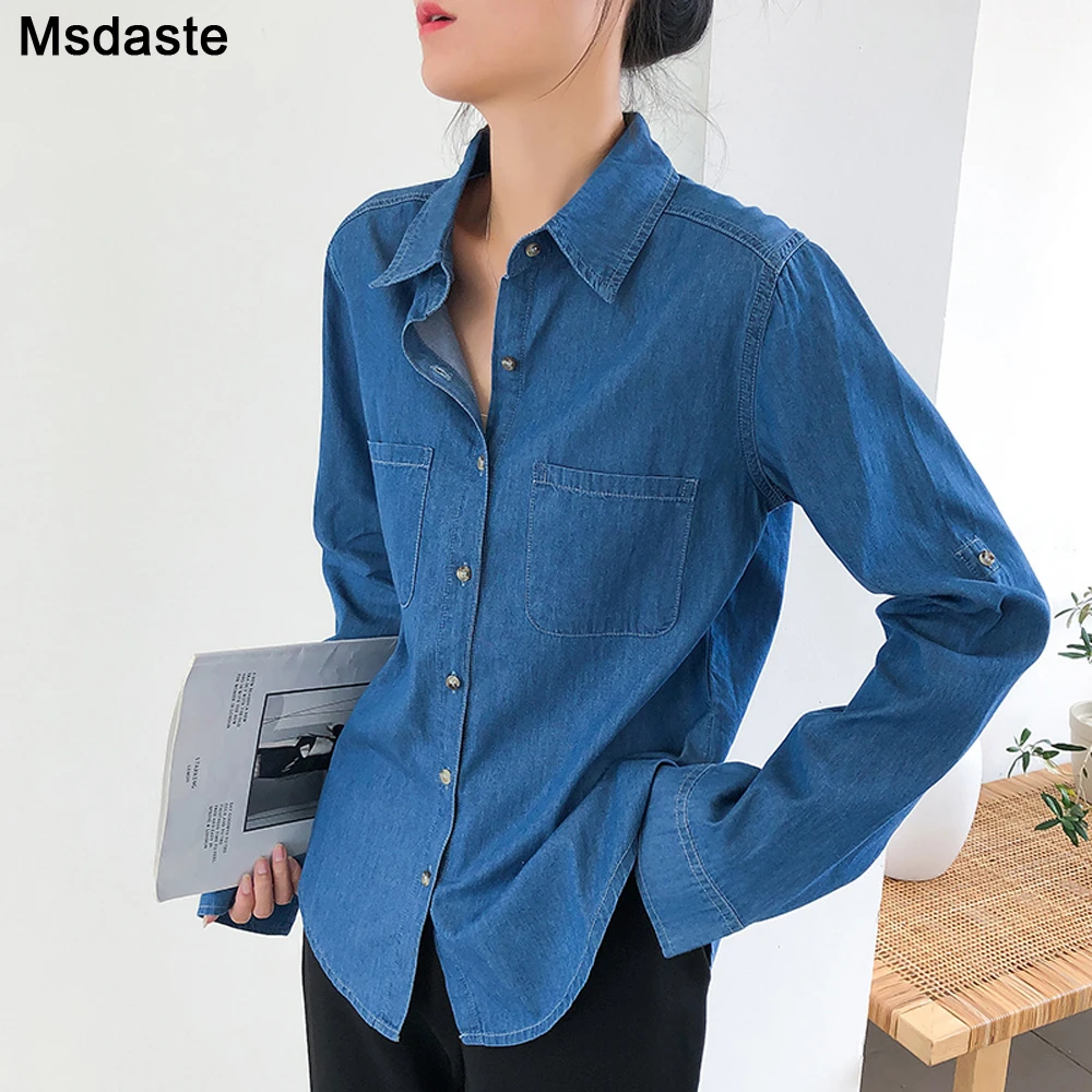 Denim Shirt For Women Spring Autumn Streetwear New Thin Trend Female Jeans Blouses Tops Brief Solid Long Sleeve Casual Shirts