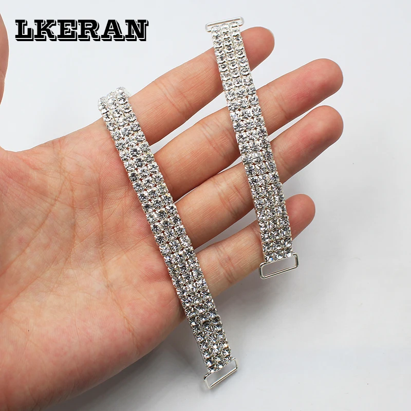 100%New 16/11cm Auto shrink Three-rows Rhinestone Chain Bikini Connectors Rings Bukcles Clothing Decoration for Women 2Pcs/Lot