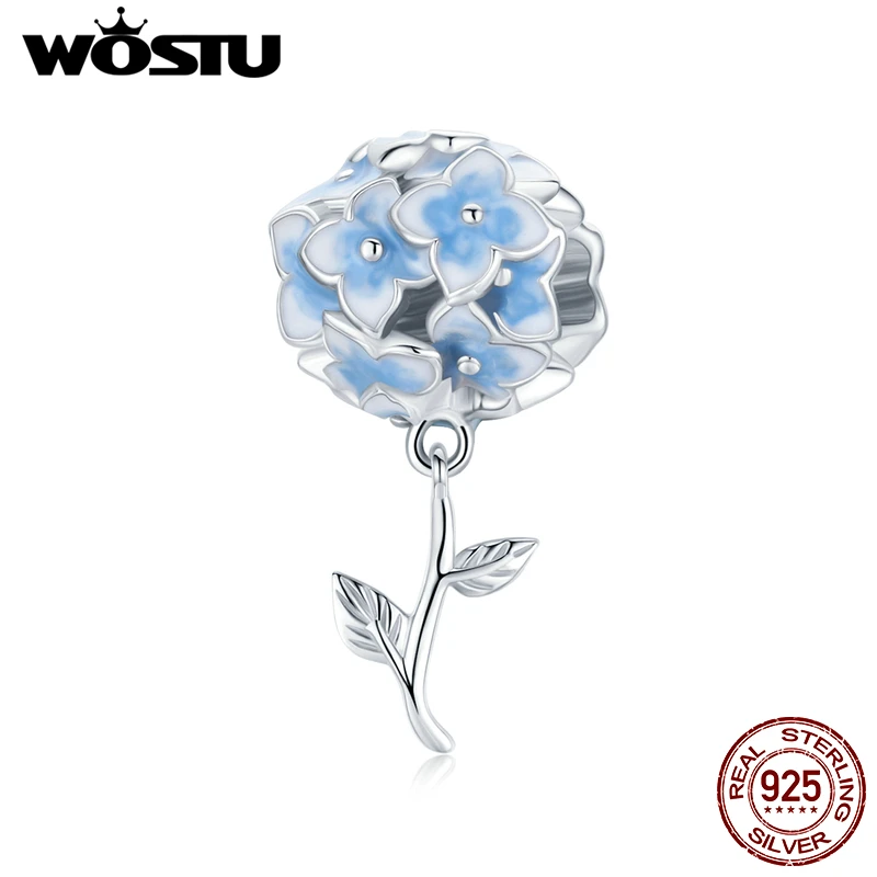 WOSTU 100% 925 Sterling Silver Bead Hydrangea Charm Blooming Flower Pendant Fit Original Bracelet Necklace DIY Jewelry CTC392