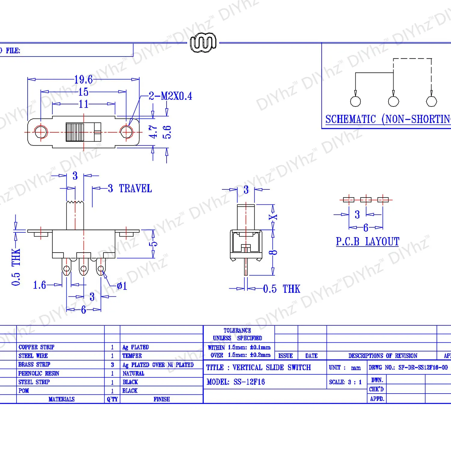 Przełącznik suwakowy Panel 50 szt. Miniaturowy przełącznik suwakowy przełącznik suwakowy SS-12F16 ze stojakiem 3 pin 2 pozycja on/off