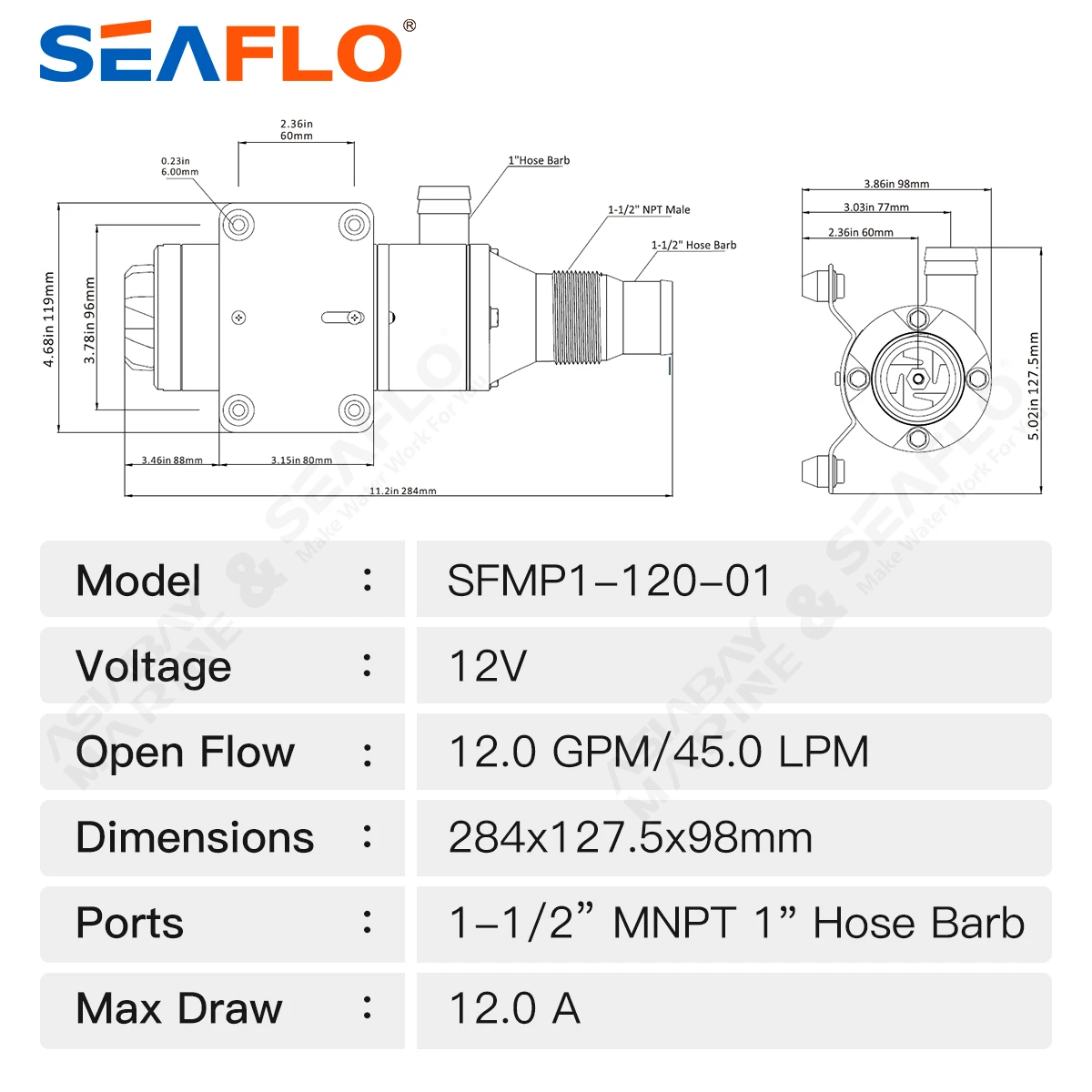 SEAFLO Macerator Waste Water Pump 12V 12 GPM Anti-Clog Feature for RV Boat Marine Trailer Toilet Sewer Self Priming SFMP1-120-01