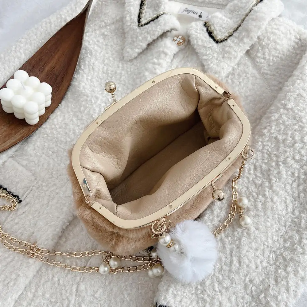 Plush Frame Bag Chain Winter Bags For Women 2021 New Pearl Crossbody Bag Solid Comfortable Shoulder Bags Luxury Designer Handbag