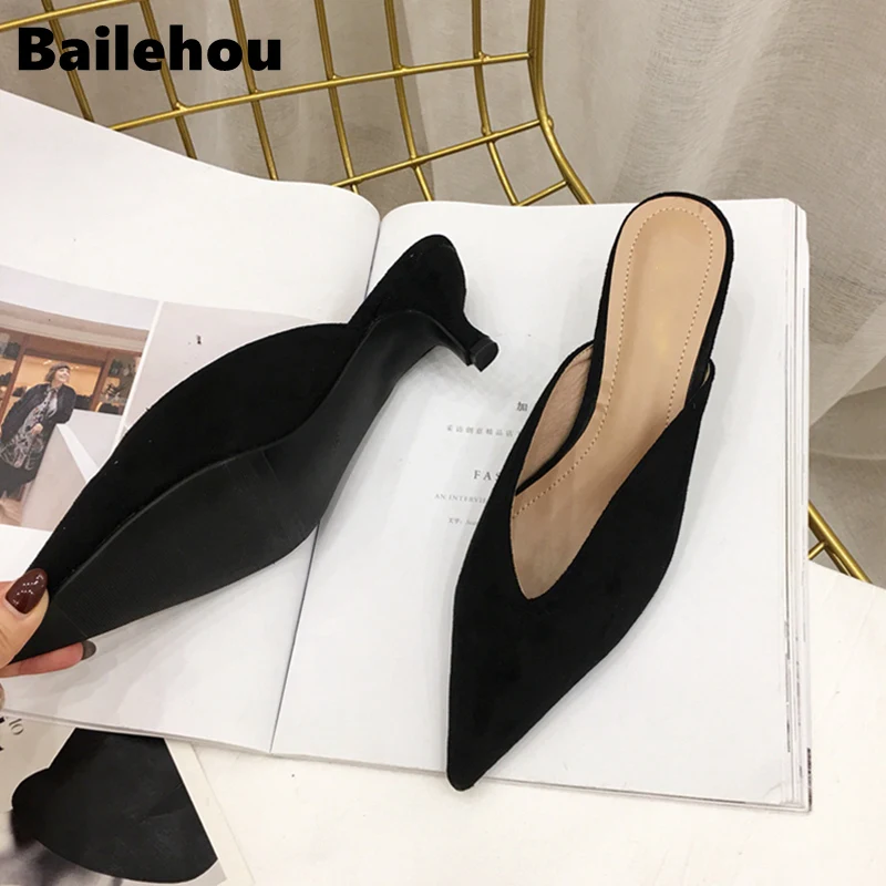 Bailehou 2019 New Summer Flock Leather Pointed Toe Women Slippers Low Heel Slip On Mules Outsides Ladies Slides Slippers Pumps