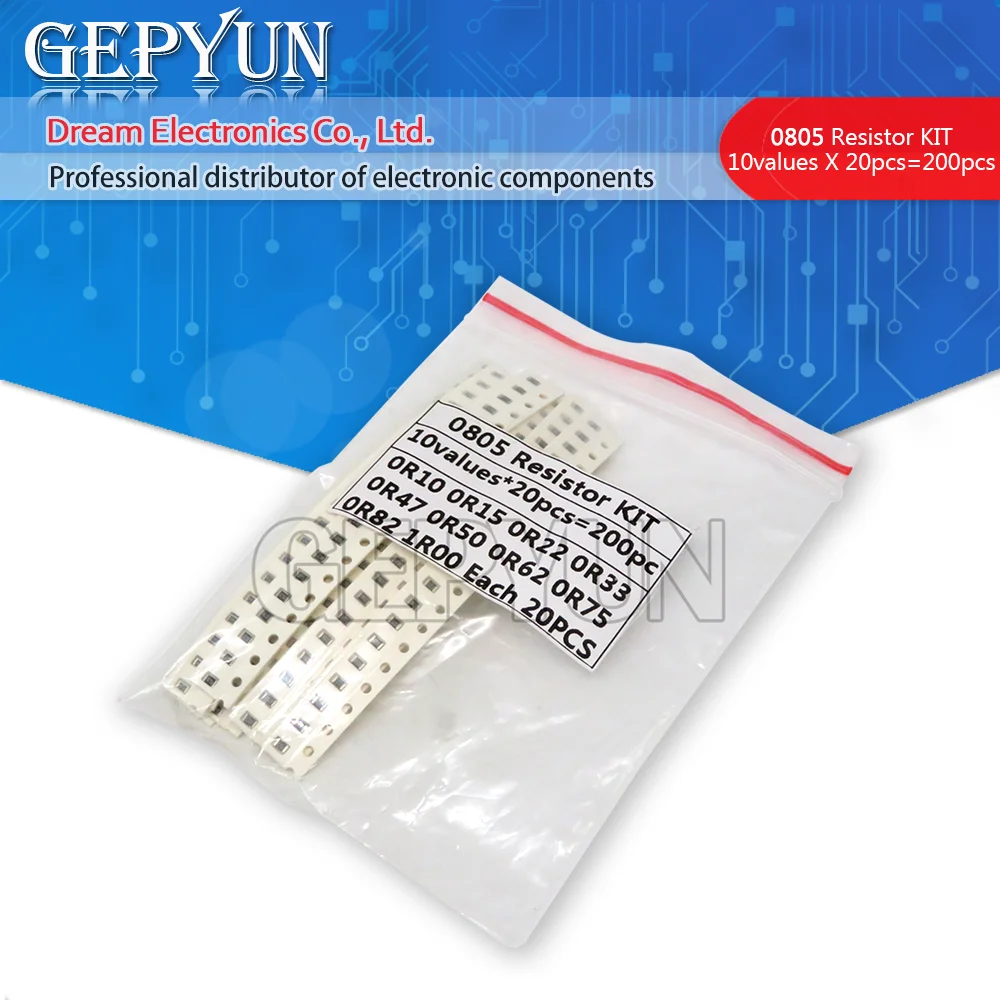 

200PCS 1% 0805 SMD resistors assorted kit set 10 value * 20pcs=200pcs 1R00 R820 R750 R620 R500 R470 R330 R220 R150 R100