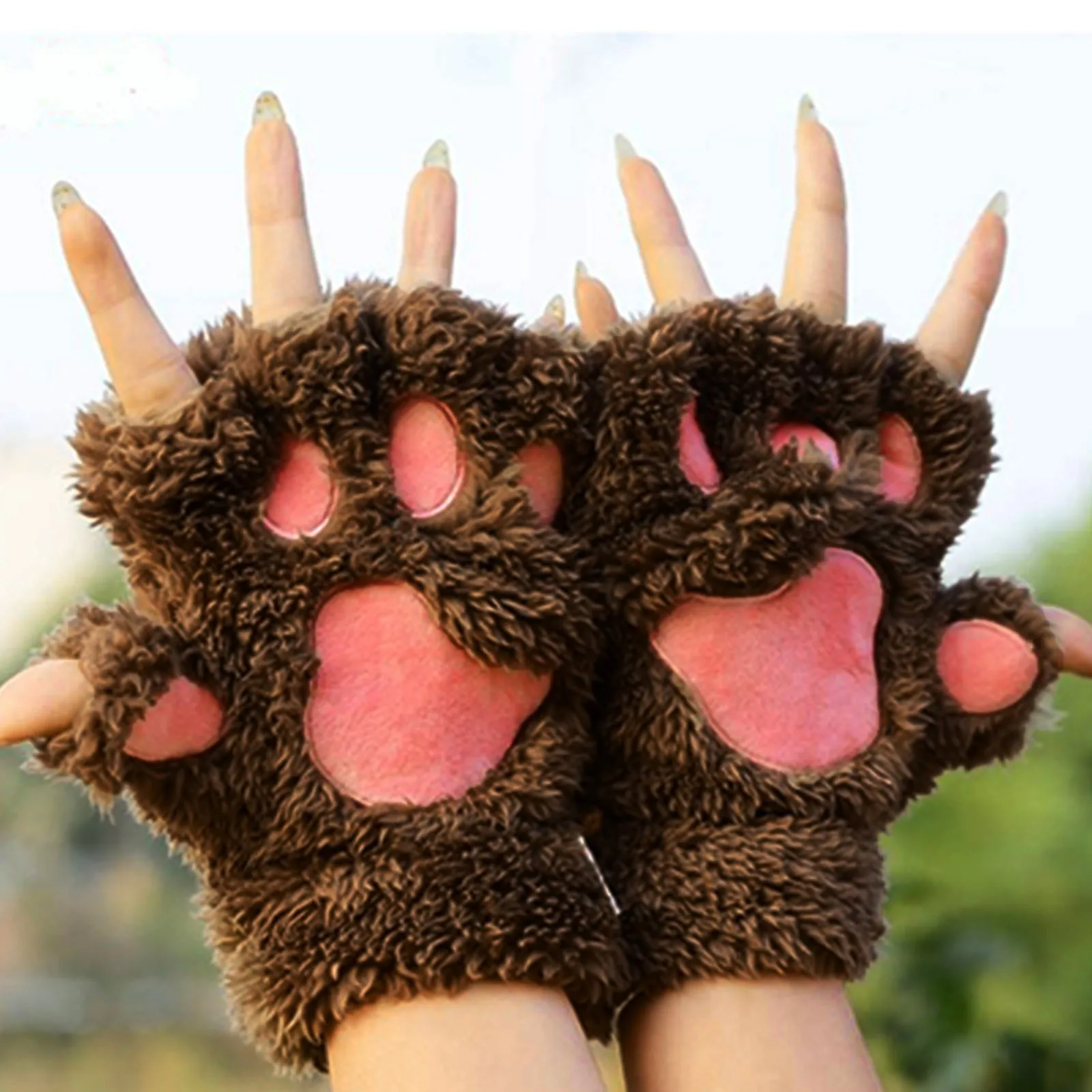 Girls Lovely Winter Warm Fingerless Gloves Fluffy Bear Cat Plush Paw Claw Half Finger Plush Gloves Mittens New Women Ski Glovees