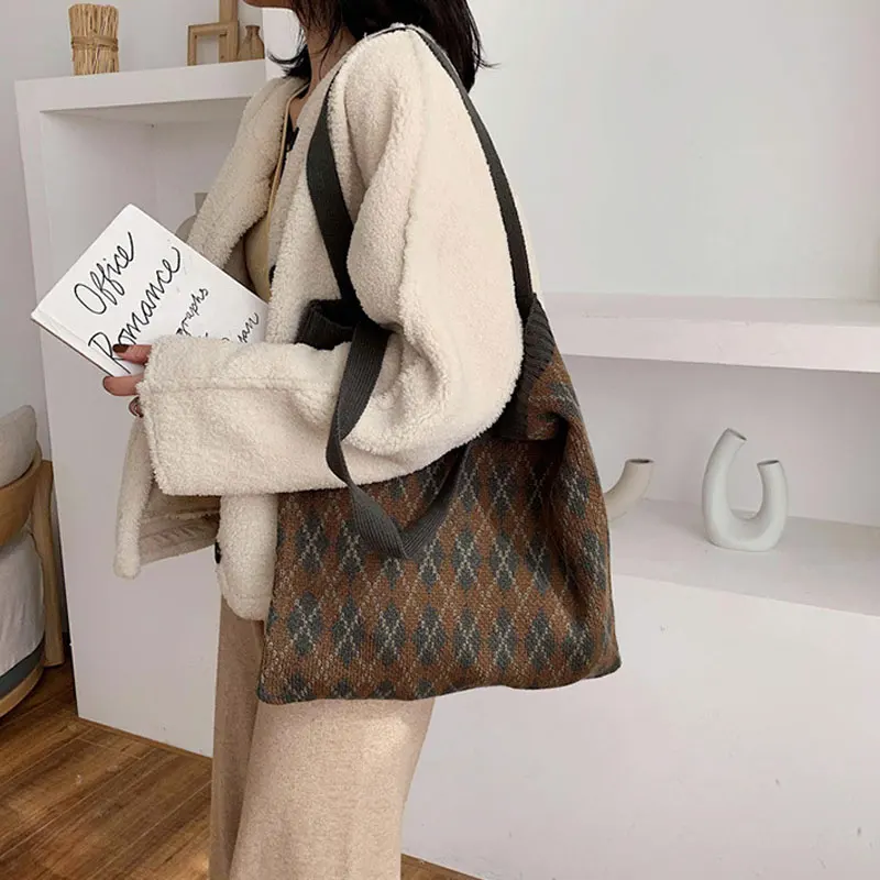 YoReAi Women\'s Shopper Shopping Bag Knitting Soft Shoulder Bags Female Handbags Plaid Autumn Storage Reusable Light Tote Pack
