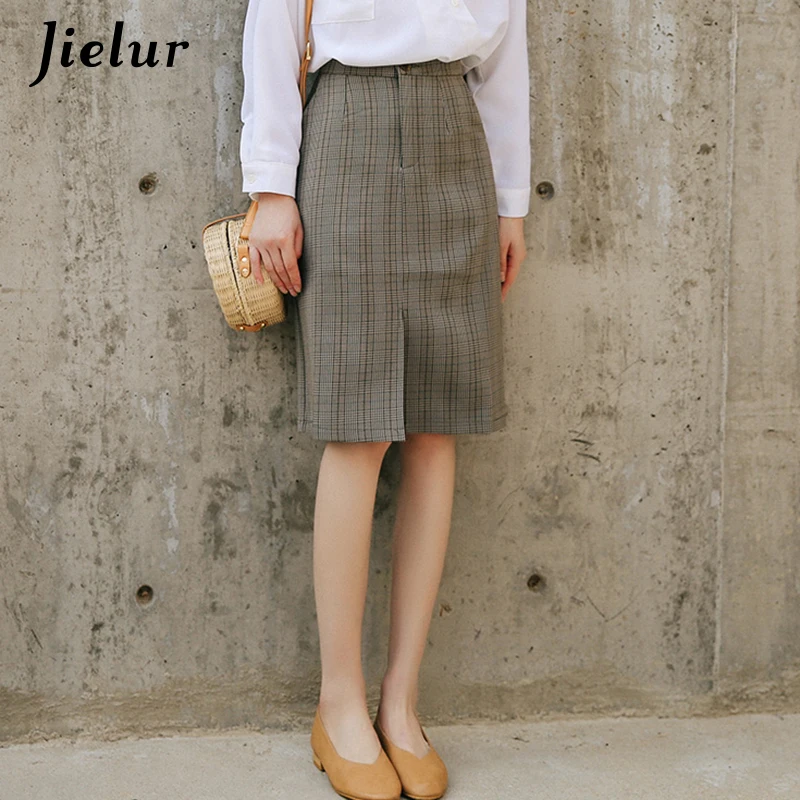 

Jielur 2021 New Chic Skirts Women Simple Vintage Side Spilt A-line Grey Plaid Package Hip Workwear Office Lady Sexy Skirt Female