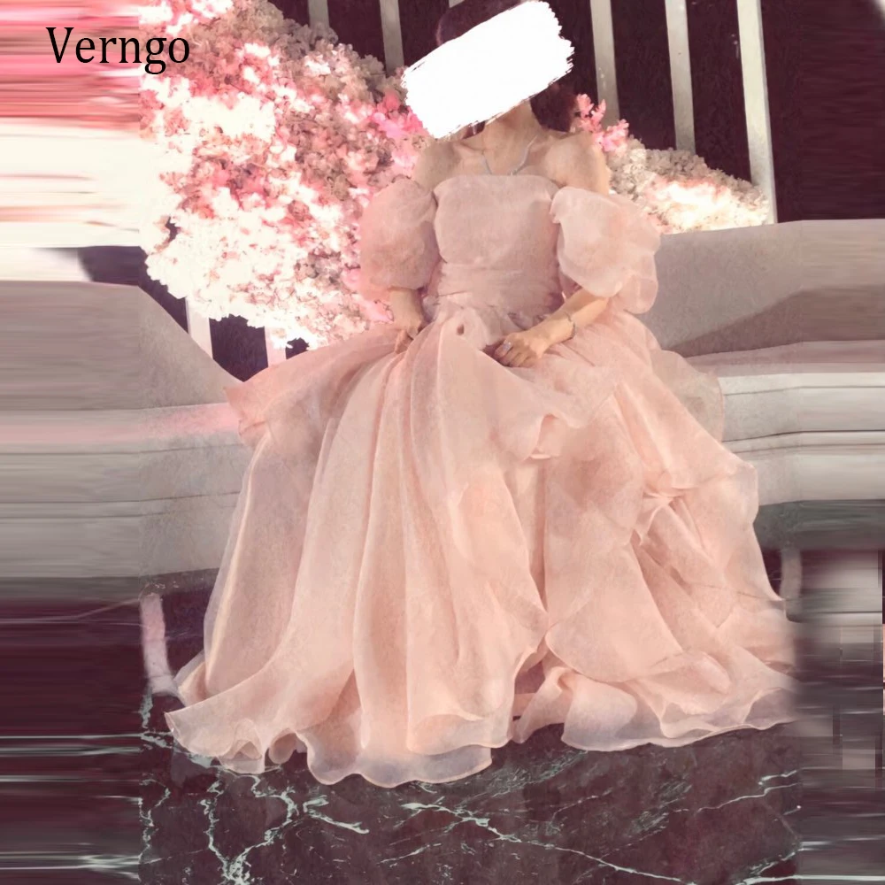 Verngo Elegant Saudi Arabia Light Blush Organza Long Prom Dresses Puff Sleeves Strapless Floor Length Princess Evening Gowns