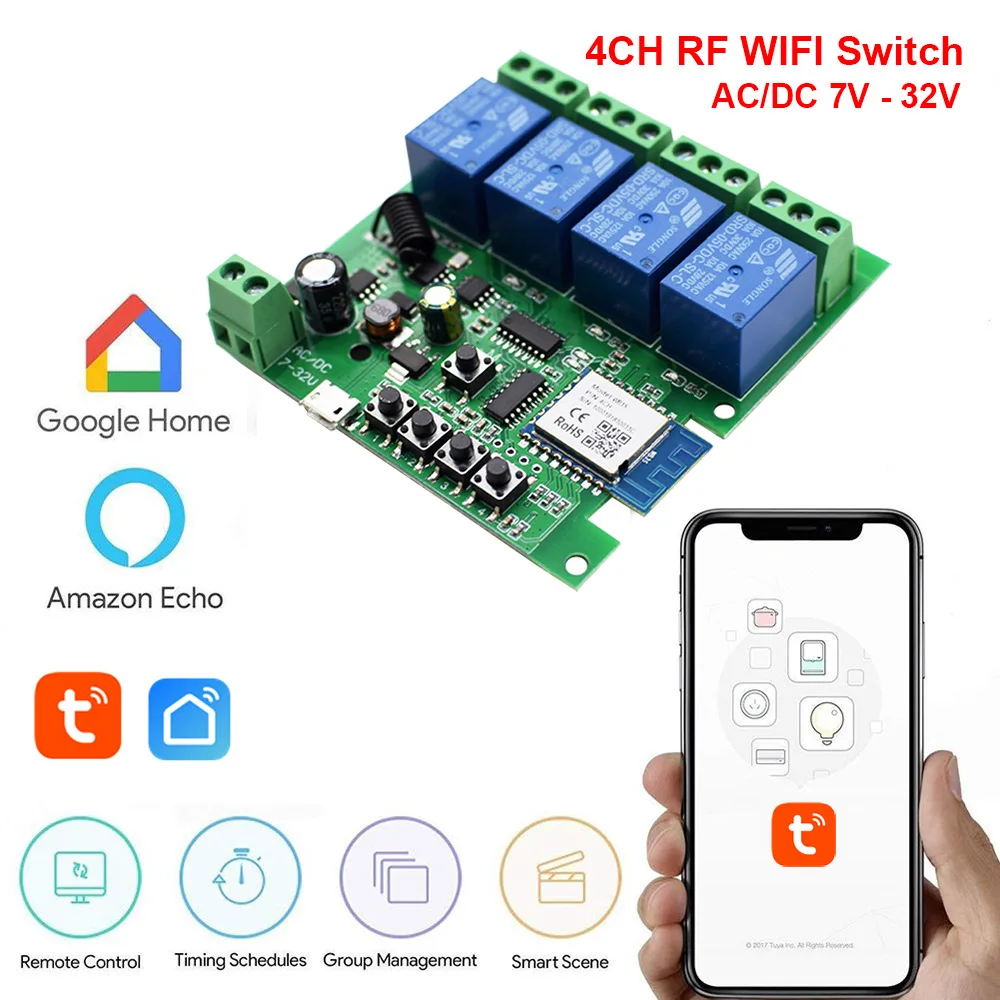 Wifi Smart Light Switch,Wifi Module,4CH DC 5/12/32V RF433 Receive 10A Relays Work with Alexa Google Assistant,Tuya Smart Life