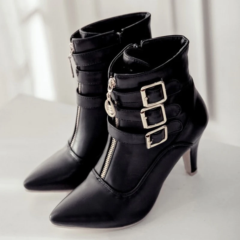 Fashion Autumn Winter Leather Women Shoes Buckle 8cm High Heel Ankle Boots Pointed Toe Women Boots For Women Size 34-43 WSH3478