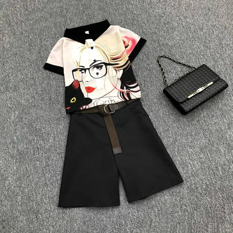 With Belt! Plus Size Women's Summer Casual Pants Sets Vintage Print Ladies Nice Short Sleeved Blouses+Shorts Pants Suits NS955