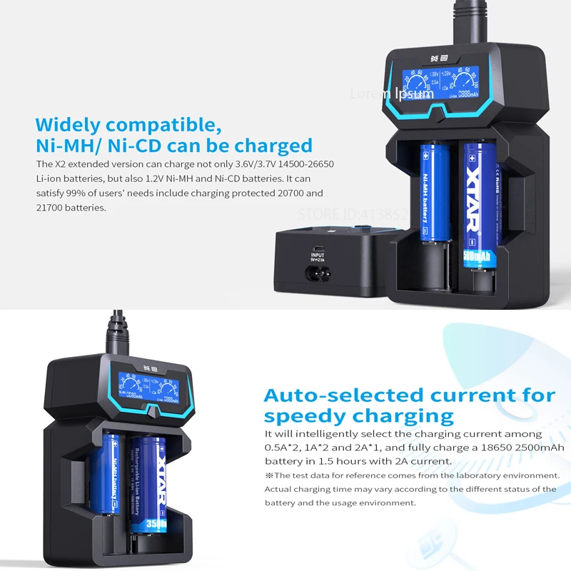 Szybka ładowarka XTAR X2 18650 – wyświetlacz LCD, ładuje akumulatory litowo-jonowe 3,6 V/3,7 V (14500-26650) i 1,2 V AAA/AA