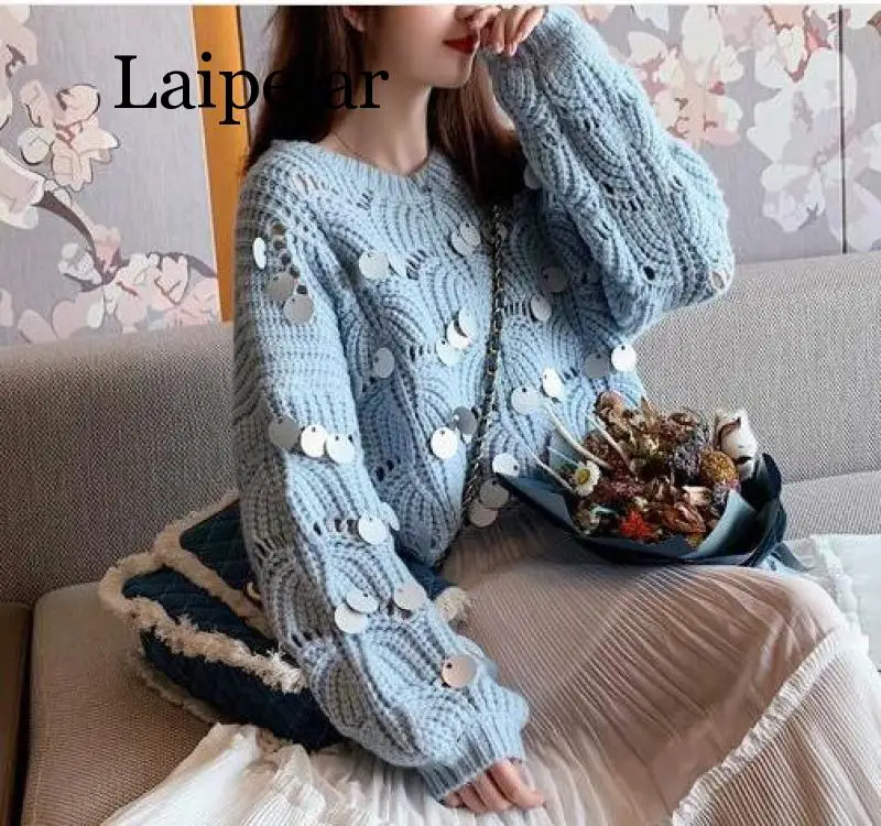 Woman hook Hollow out Sequins Sweater thin loose Holes Pullover bat Sleeved Beading Shirt sequined blouse Oversize Smock 2019