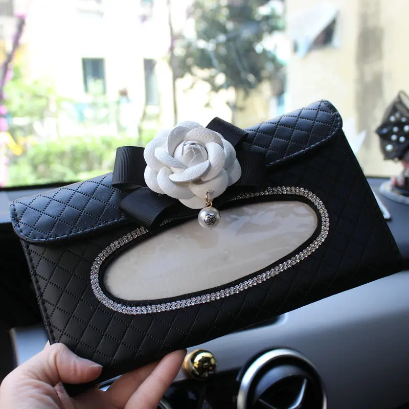 Car Tissue Case Camellia Flower  Seat Back Hanging Tissue Box Holder Crystal  Leather Paper Towel Organizer for Sun Visor