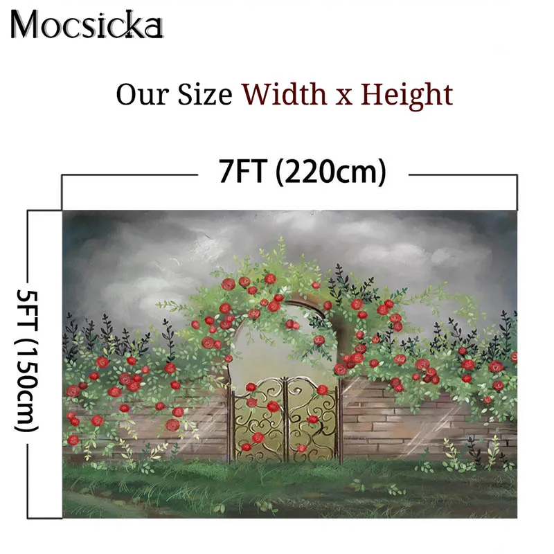 Spring Garden Floral Photography Backdrops Red Flowers Wrought Iron Gate Decor Kids Cake Smash Photocall Background Photo Studio image 4