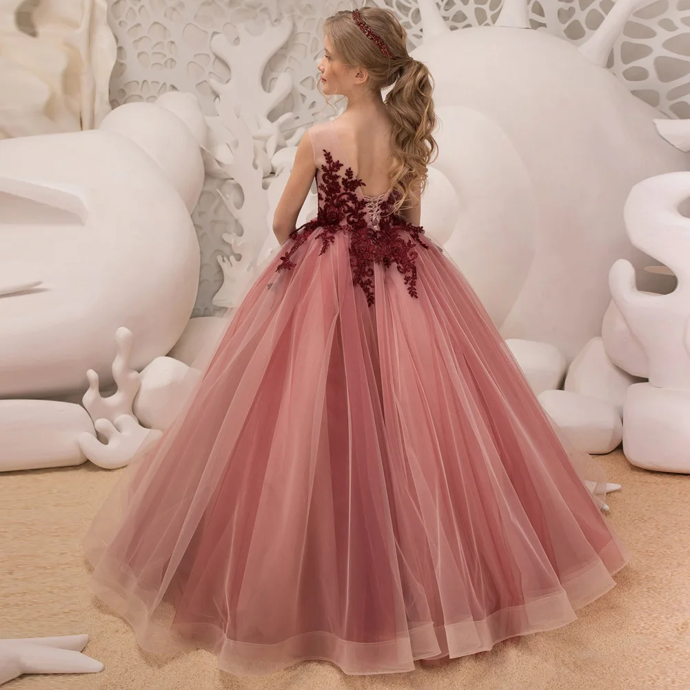 Robes de demoiselle d'honneur noires pour mariage, robe de bal en Tulle avec des Appliques, longues robes de première Communion pour petite fille