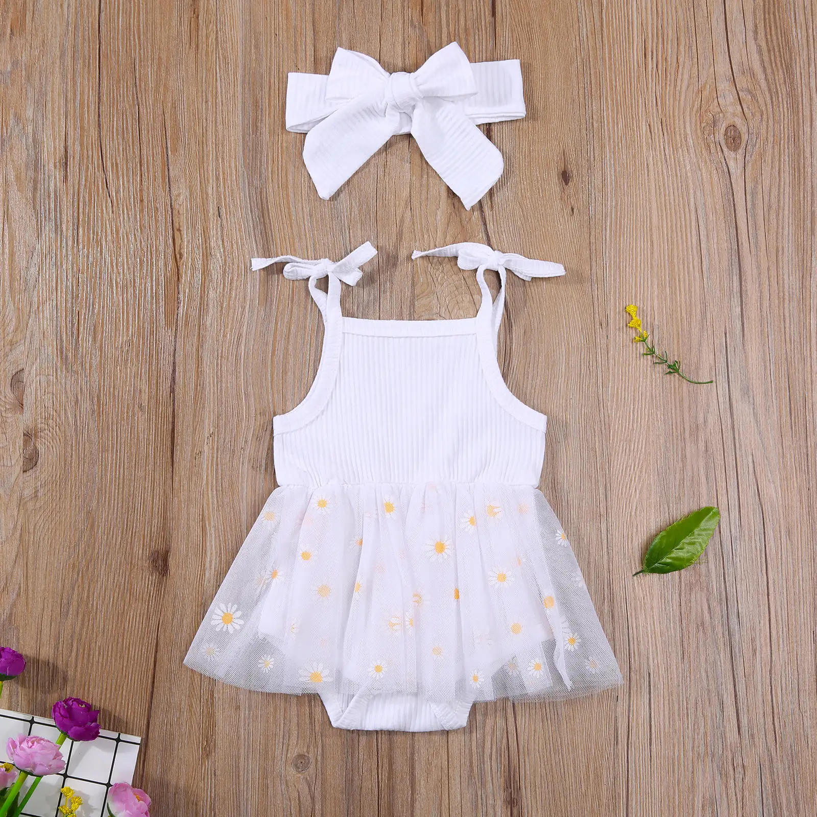 2Pcs Baby Girls Summer Outfits, Cute Self Tie Strap Sleeveless Daisy Print Tutu Romper with Headband Set