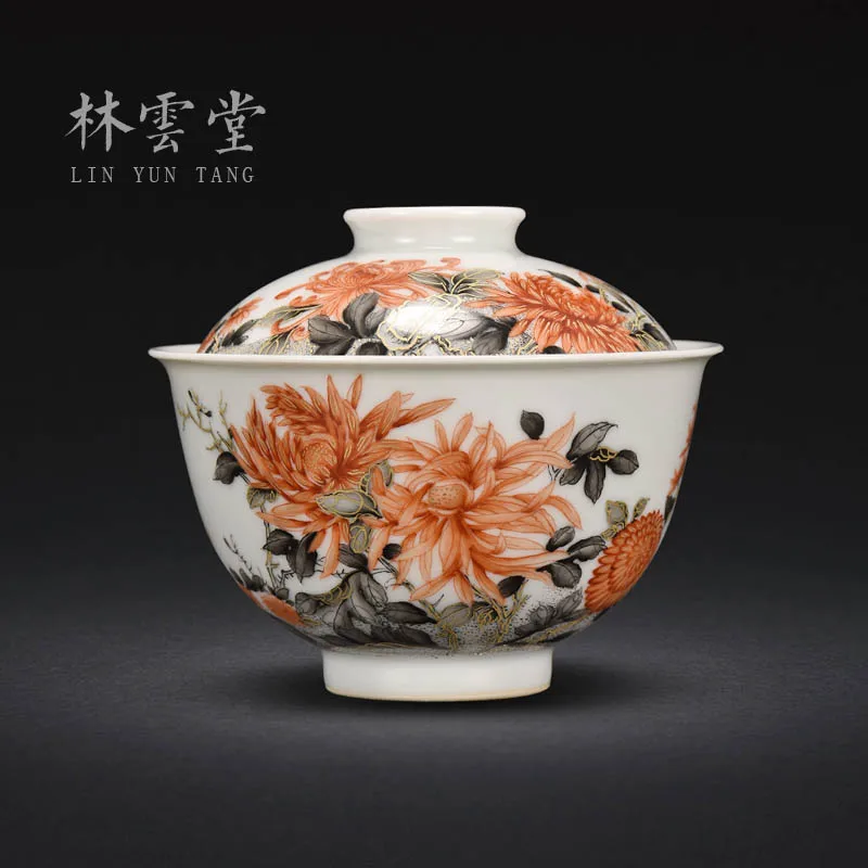 hand painted alum red ink painting gold chrysanthemum Ercai cup Jingdezhen Ceramic overglaze color tea bowl tea set