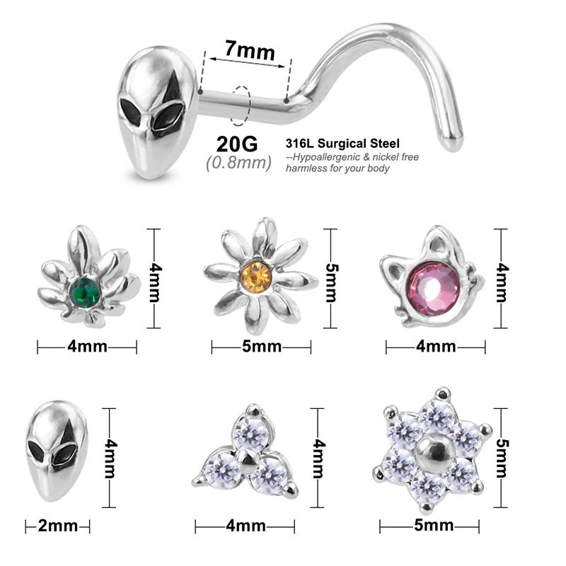 1PC 20g Surgical Steel Nose Stud Ring Nose Piercing for Women Cat Alien Flower Leaf CZ Inlaid Nose Screw Rings Body Jewelry Gift