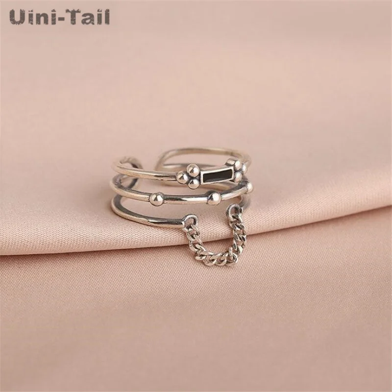 Uini-Tail Hot Selling New 925 Tibetan silver Multilayer Retro Black Rectangular Chain Open Ring Fashion Trendy Flowing Sense