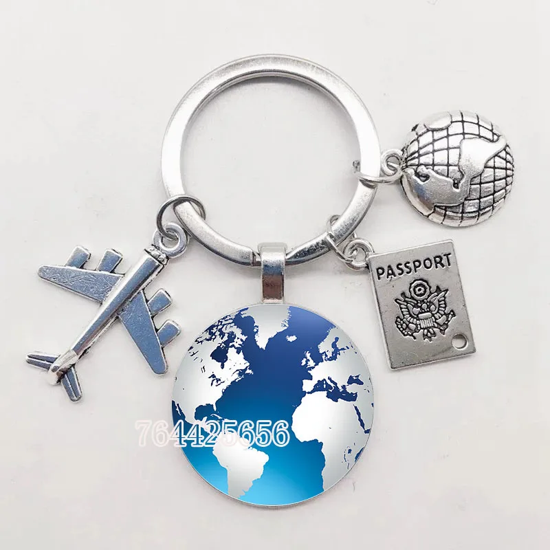 Vintage 25mm Handmade World Map Keychain Travel Exploration Glass Dome Cabachon Aircraft Charm Pendant Keychain Men And Women Je