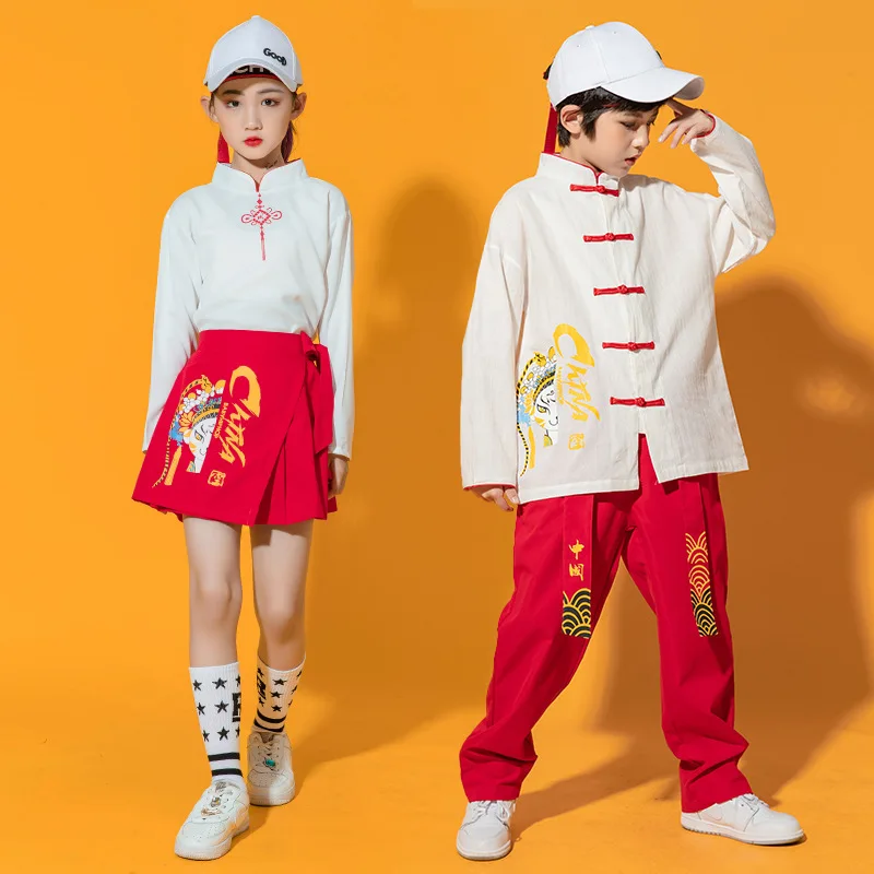 Chinese Traditional New Year Hanfu White Red Shirt Top Black Pants Skirt for Girls Boys Stage Dance Performance Costume Clothes