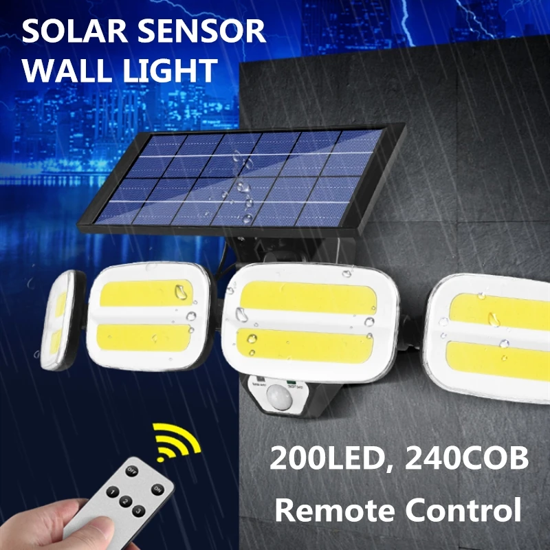 Four Head 240 COB 200 LED Solar Light Outdoor Motion Sensor Wall Light Waterproof Garden Lamp Emergency Pathway Yard Street Lamp