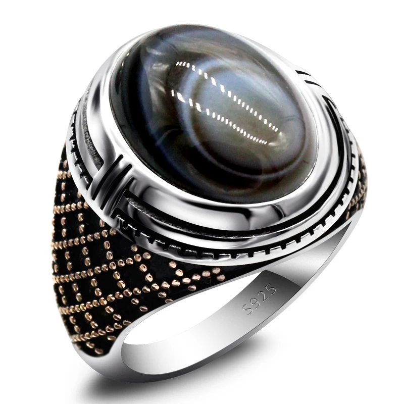 

925 Sterling Silver Men's Ring Turkey Classic Vintage Natural Natural Eye Agate Stone Dashi Ring Men's Silver Ring with Stone