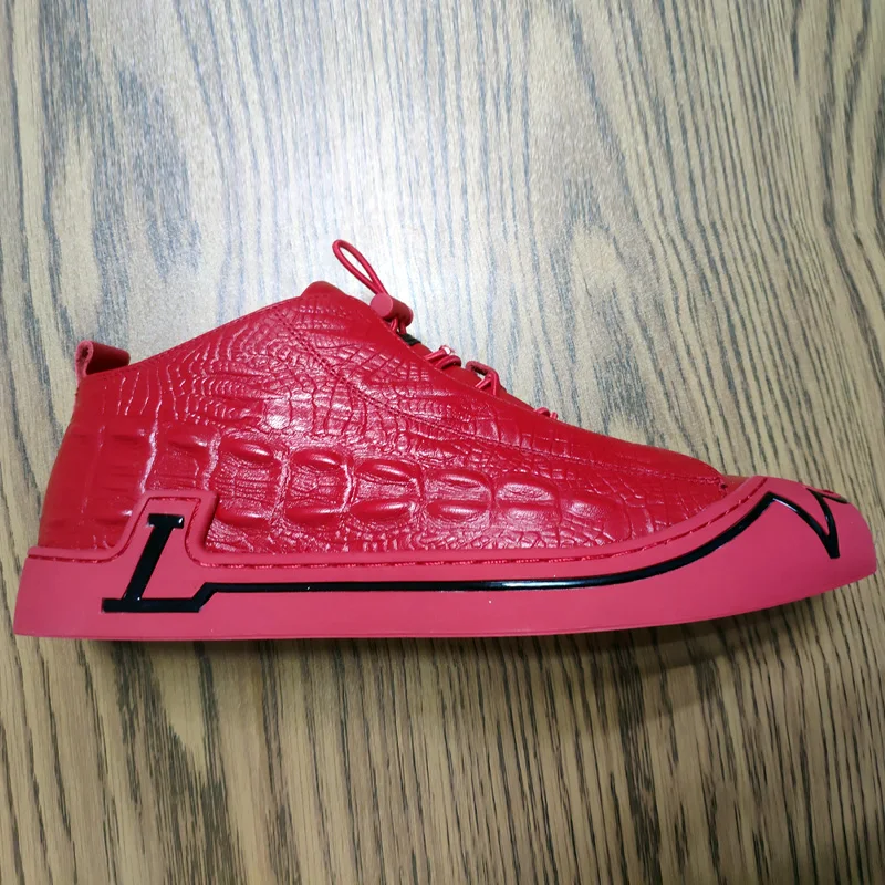 Designer Red High Top Casual Shoes Men Hip Hop High Quality Leather Sneakers Street Elastic Band Crocodile Print Flat Shoes