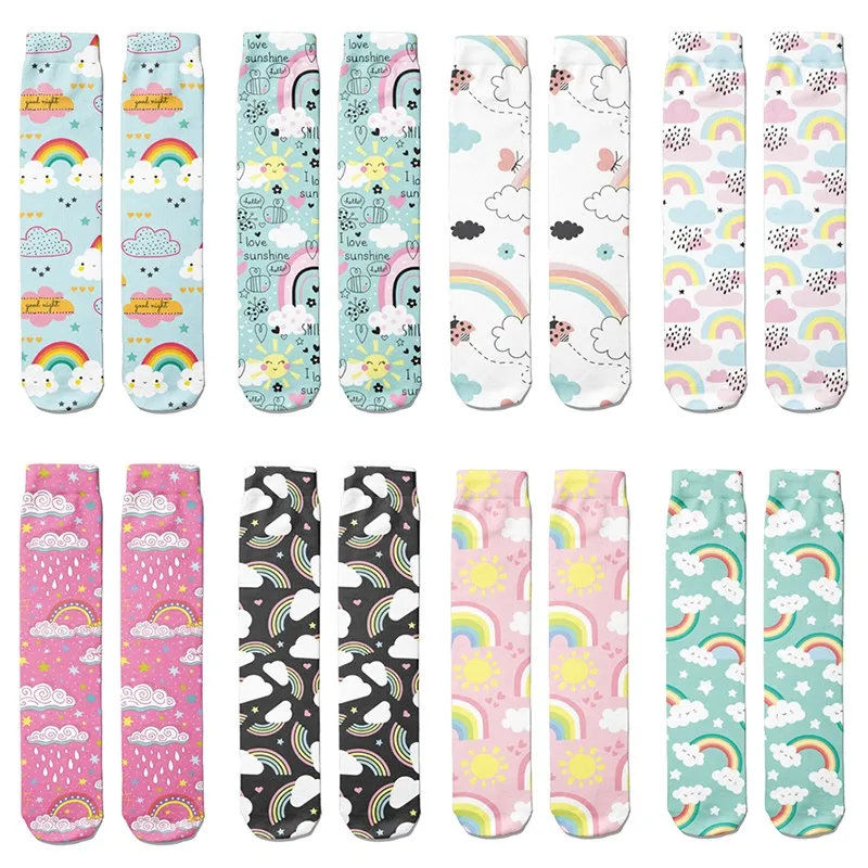 Kawaii Girls Rainbow Clouds Pink Socks 3D Printing Cute Cartoon Socks Women And Men Comfortable Long Socks Straight Socks