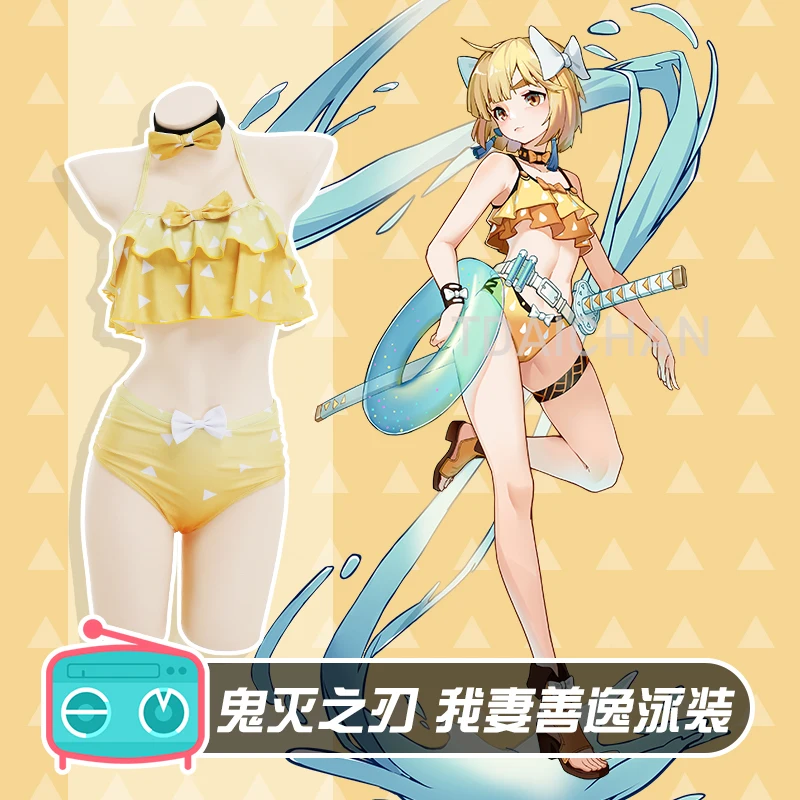 

Anime Agatsuma Zenitsu Cosplay Swimsuit Bikini Costume Hairpin Woman Sexy Beach Swimwear Bathing Suit Woman Girls kimetsu no