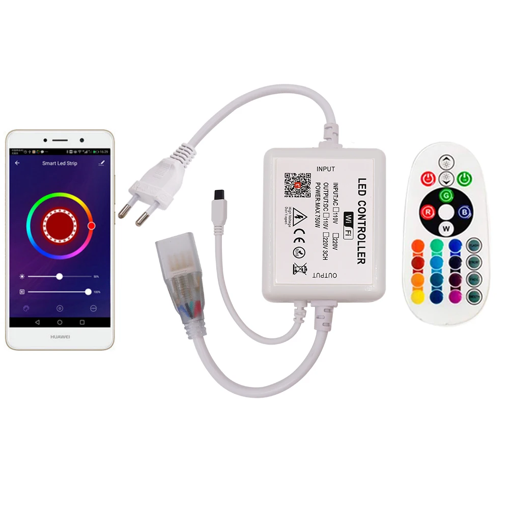 Controlador WIFI de 750W con Control remoto de 24 teclas para tira de luces LED RGB de neón, 5050, 2835, 220V, UE, Reino Unido, AU, 110V, EE. UU.