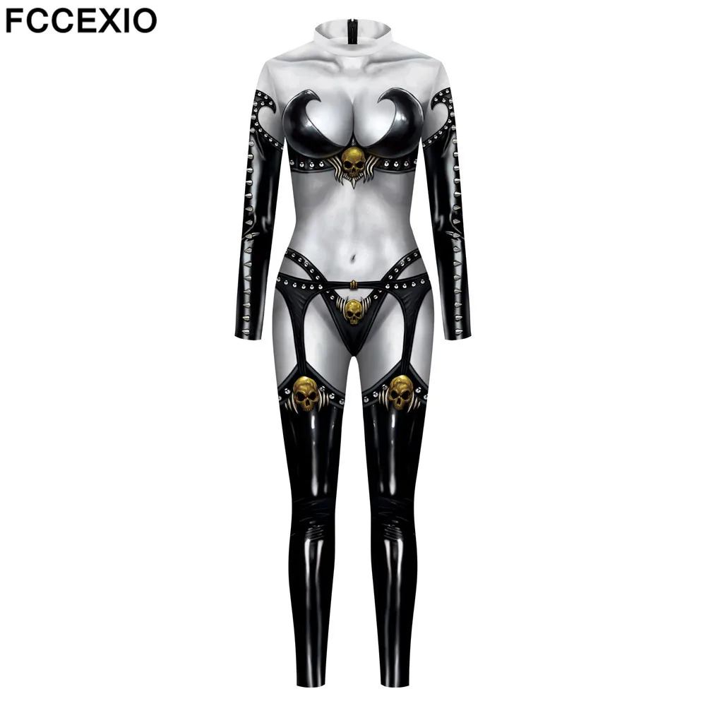 FCCEXIO-Mono de LICRA con estampado de la muerte para mujer, Vestido de manga larga para Halloween, Carnaval y Cosplay