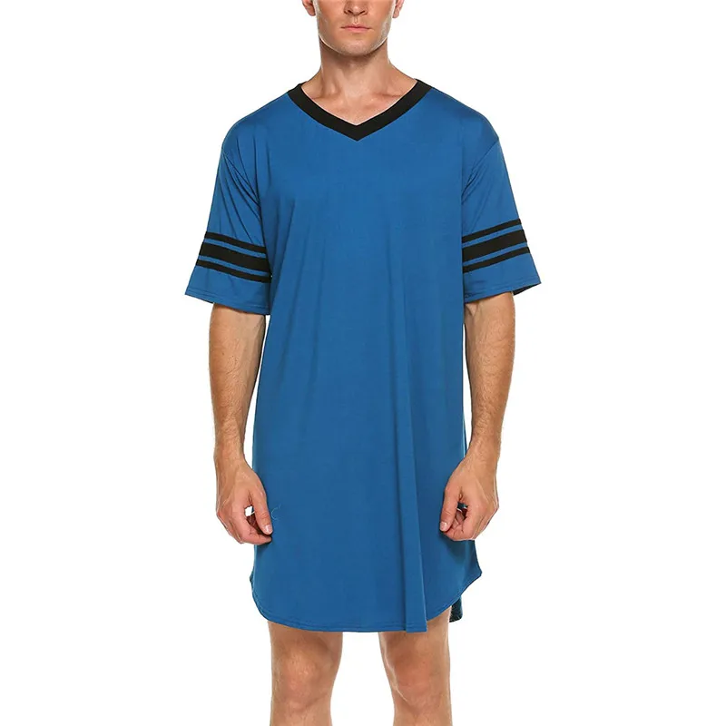 Men Nightshirt Robes Short Sleeve Soft Cozy V-neck Loose Nightwear Summer Casual Male Sleepwear Long Tops