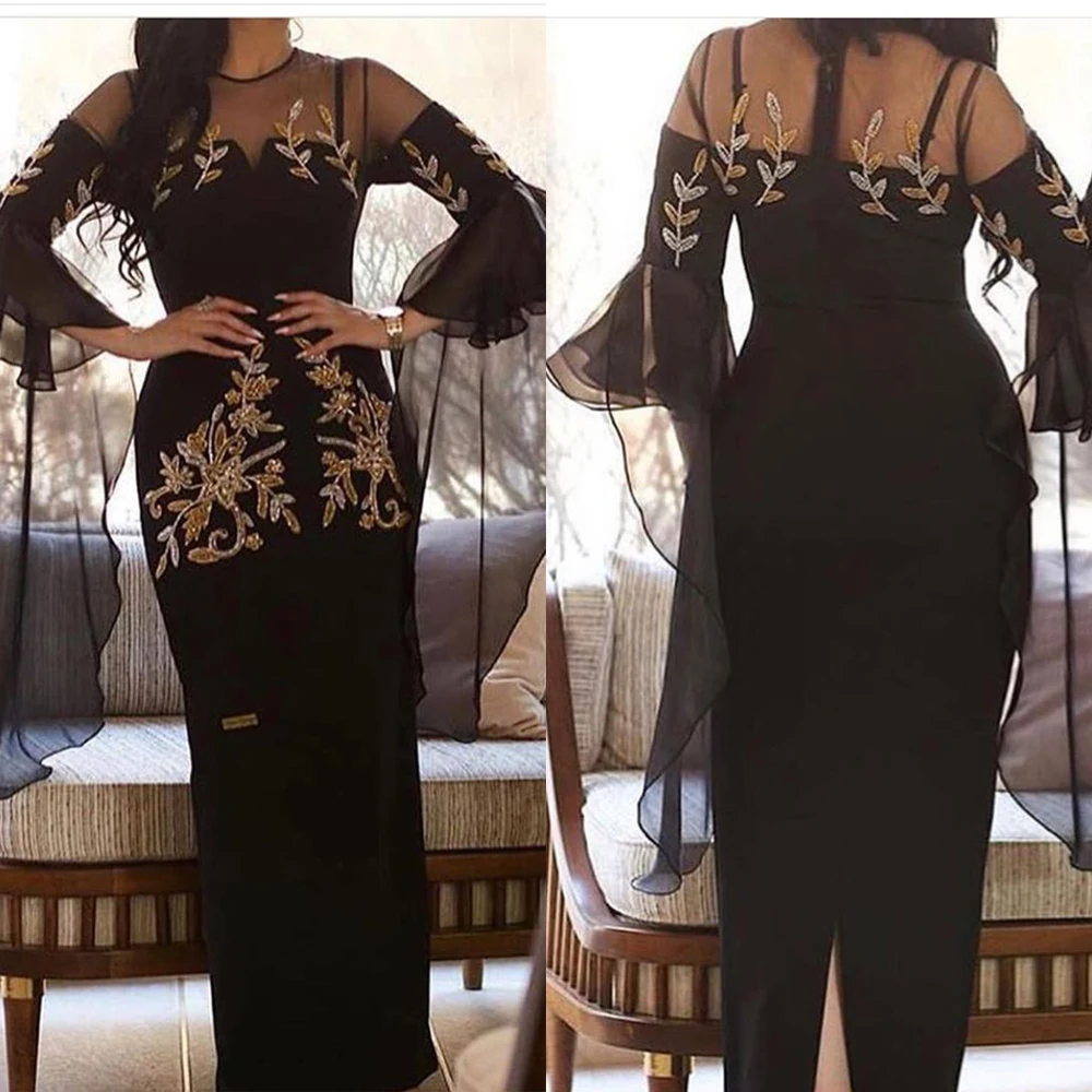 Schwarz prom kleider 2020 langarm perlen pailletten kristall mantel abendkleider arabisch party kleider vestidos de fiesta