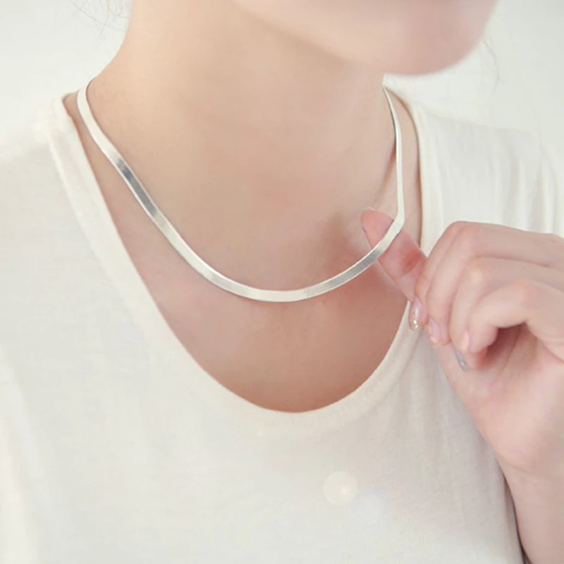 925 Sterling Silver Color Necklace 4MM Snake Chain Men & Women Couple Sterling Silver Jewelry Blade Chain image 6