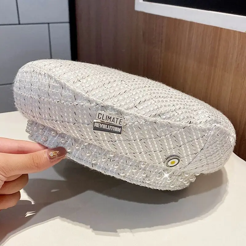 French British retro pearl beret hat female autumn and winter plaid tweed eaves painter hat