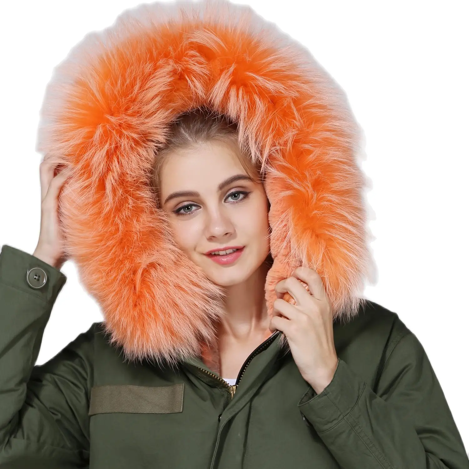 MEIFNG-Parka de piel sintética verde militar para mujer, abrigo bonito con forro naranja, de alta calidad para invierno