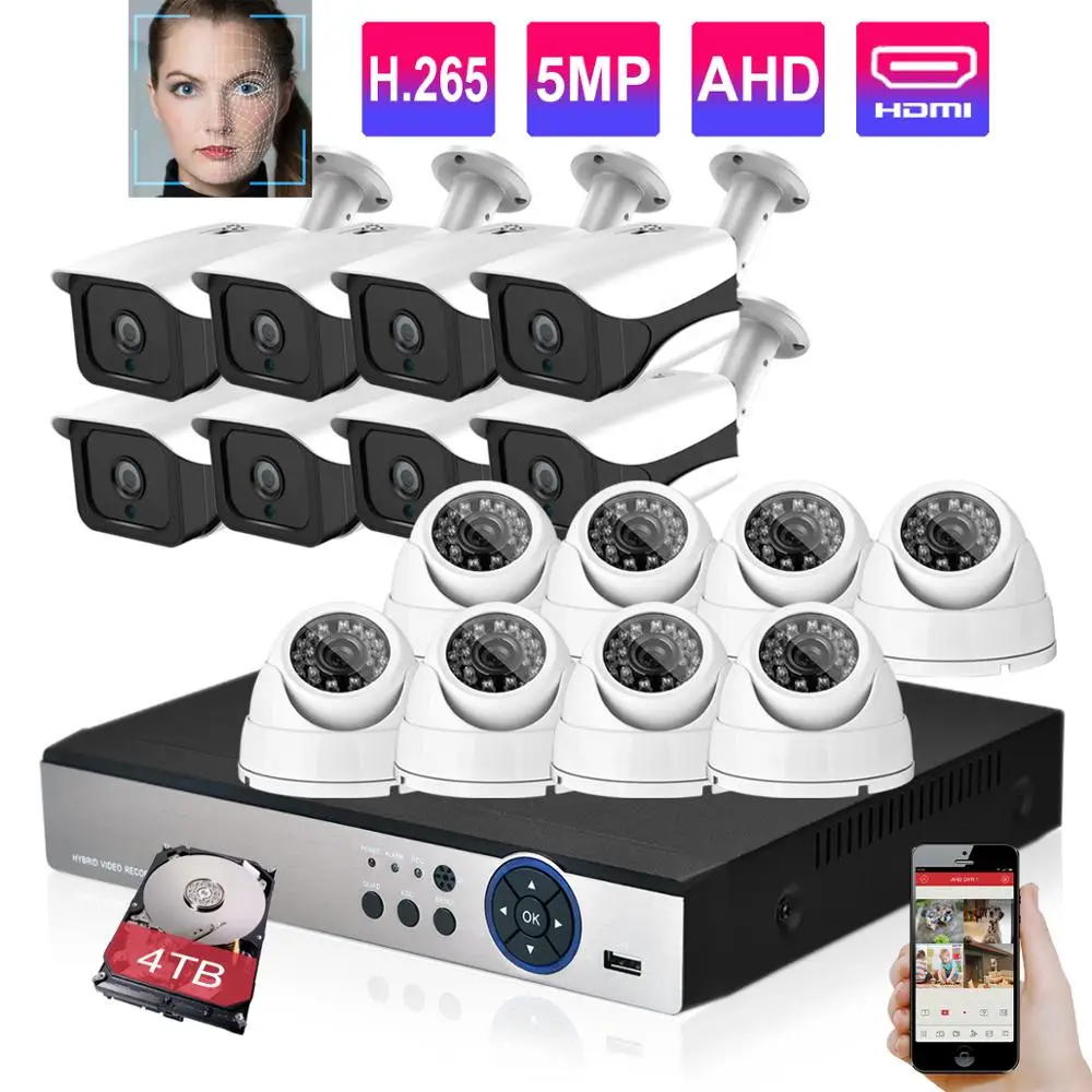 

H.265 5MP Video surveillance System 16CH 5MP AI Face Detection Camera indoor Outdoor Security CCTV Camera kit 4TB