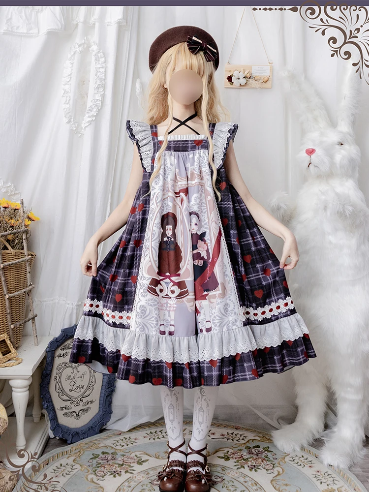 

Sweet lolita dress vintage falbala bowknot cute printing high waist princess victorian dress kawaii girl gothic lolita jsk loli