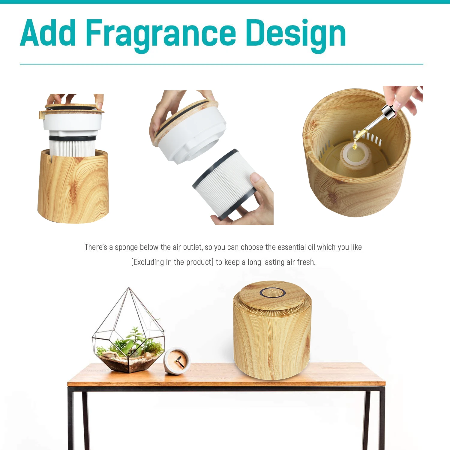 가정용 공기 청정기 HEPA 필터, 에센셜 오일 향수 스펀지 포함, 연기 먼지 냄새 제거, 3h