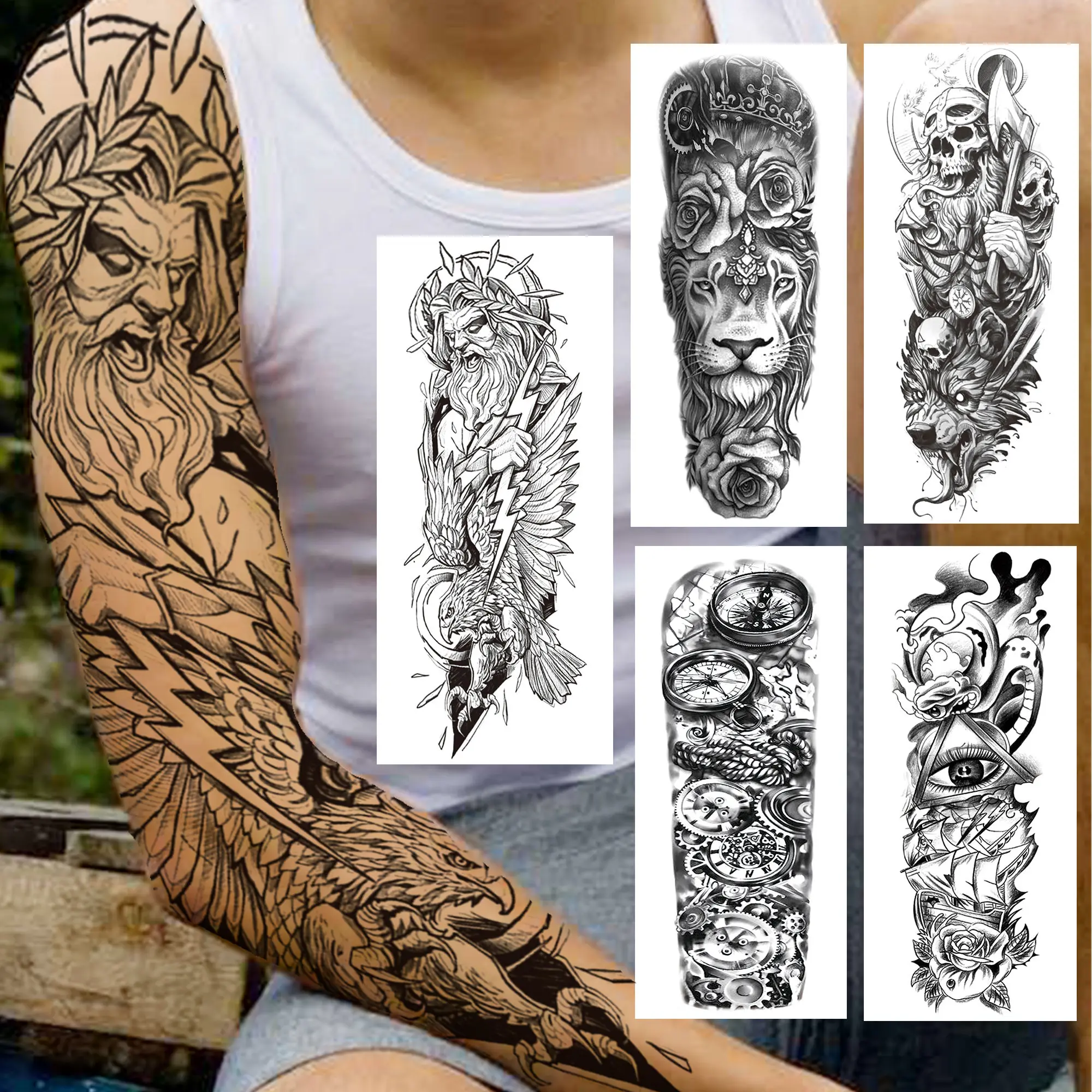 Black God Eagle Temporary Tattoo Sleeves For Men Women Lion Skull Compass Eye Fake Full Arm Tatoo Unique Washing Tattoo Stickers