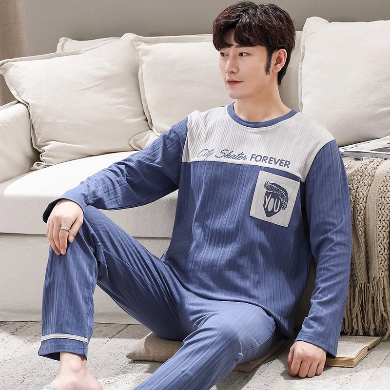 Coreano confortável pijamas para o homem de algodão pijamas ternos primavera outono longo sleeved sleepwear tops calças casa ternos hombre freeship