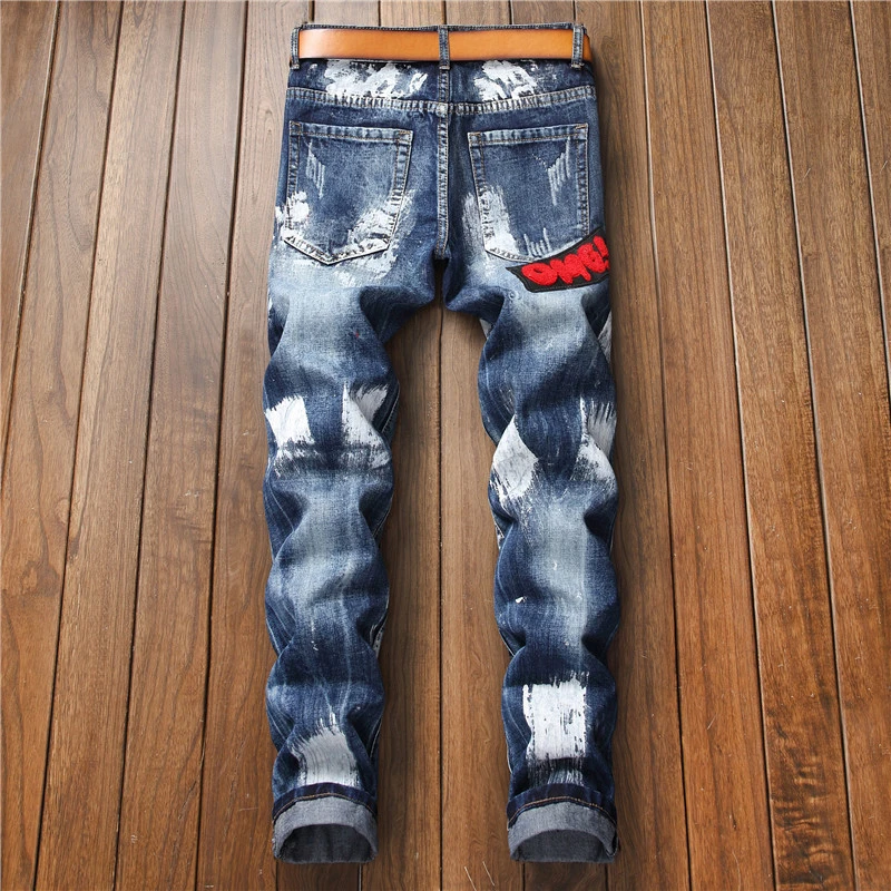 Autumn New Style Small Straight Tube Jeans Patch National Flag Badge Paint Slimming Denim Trousers Trend Men\'s Fashion Pants