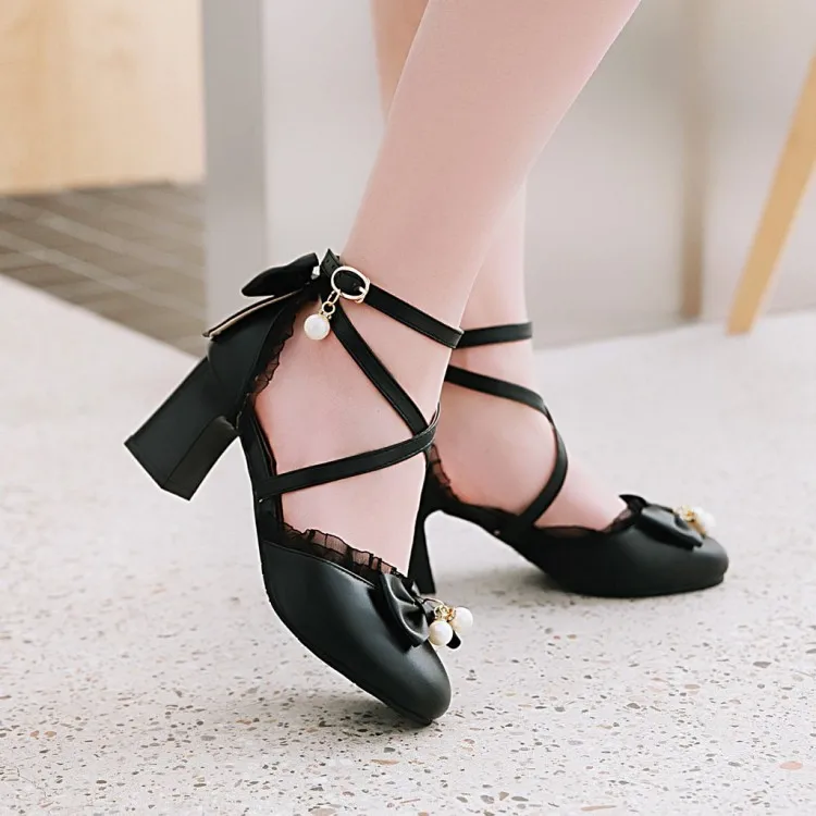 Japanese sweet lolita shoes thick heel cross strap vintage lace bwoknot kawaii shoes princess loli cosplay women shoes